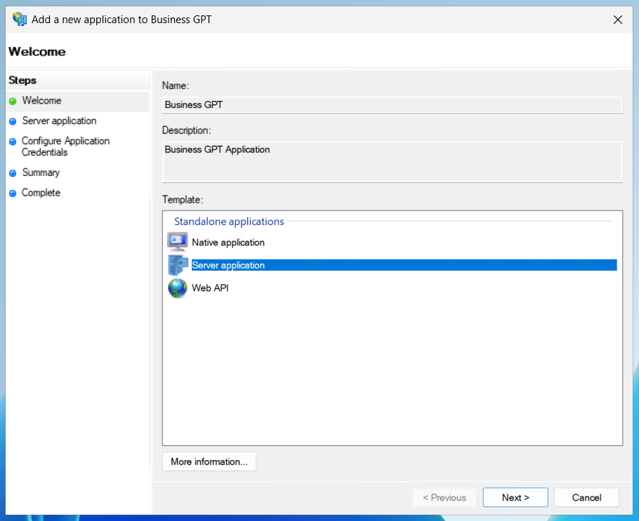 Anlage - Screen - Add Application (Server application)