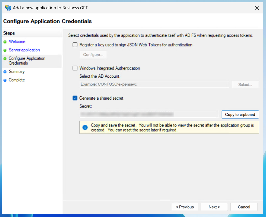 Anlage - Screen - Configure Application Credentials