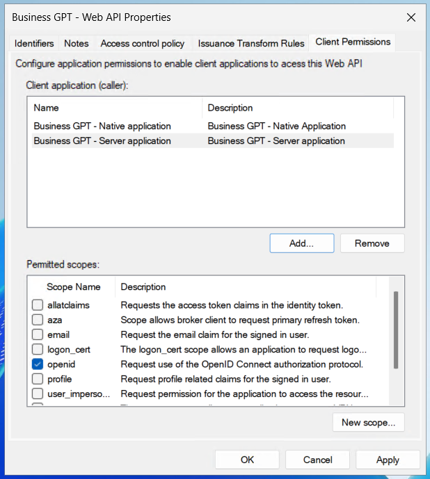Anlage - Screen - Web API Client Permissions